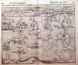 Placa representando todos os tipos de monstros marinhos e terrestres encontrados nas regiões setentrionais: Xilografia tirada da Cosmografia Universal de Sebastien Munster. Bale