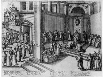 O papa Clemente VIII aceita a submissão do rei francês, Henri IV, em St. Peters, em 23 de setembro de 1595.