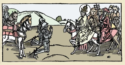 O Papa Leão I encontra Átila e o Arrete - Invasões Bárbaras - Gravura de "Leben der Heiligen - sommerteil" (O Livro do Santo) de Jacobus (Tiago) de Voragine (1228-1298). Lubeck 1488.