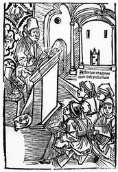 Retrato de Albertus Magnus com alguns de seus alunos, ilustração para a página de rosto de Epitomata, reparações ou toda a filosofia natural de Aristóteles. de Gerardus de Harderwyck, publicado em 14