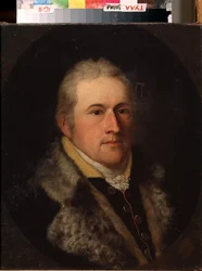 "Retrato de Clemens de Aachen" Retrato de um provavelmente notável ou burguês alemão. Está a usar uma gola de pele. Pintura da escola alemã do século XIX. Museu Estatal de Arte, Tula, Rússia