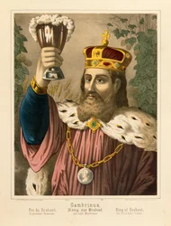 Retrato de Gambrinus, lendário rei da Flandres, panfleto pictórico publicado pelo FC Wentzel, Weissenburg, 1870