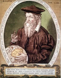 Retrato de Gerhard Kremer dit Gerardus Mercator (1512-1594). Falso título da primeira edição do Atlas.