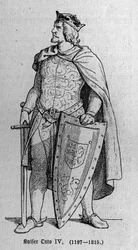 Retrato de Otto de Brunswick (1174/1182-1218), Imperador Romano Alemão e Rei da Itália. Gravura em "Kaiser, Konig und Papft", de Richard Roth