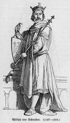 Retrato de Filipe I da Suábia fez Filipe de Hohenstaufen (1176-1208), Imperador alemão, Rei dos Romanos e Rei da Itália. Gravura em "Kaiser, Konig und Papft", de Richard Roth