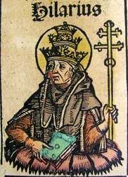 Retrato do Papa Hilarius, publicado no Nuremberg Chronicle