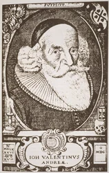 Retrato de Valentine Andreae (1568-1643), cópia de uma gravura alemã ilustrada em History of Magic, publicada no final do século XIX