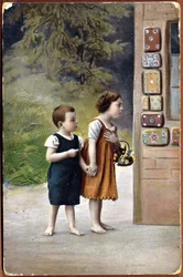 Postal representando Hansel e Gretel em frente à casa de gengibre