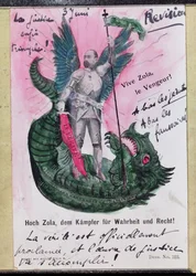 Postal retratando Noble Zola, Guerreiro da Verdade e da Justiça com anotações (cor litho com caneta e tinta e wc)