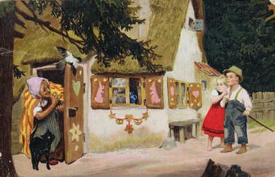 Cartão postal representando a bruxa convidando Hansel e Gretel para entrar na casa de gengibre, c.1910