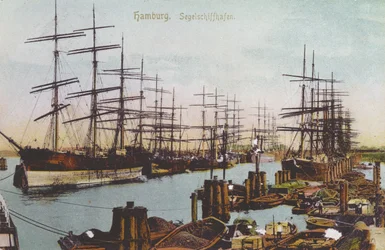 Cartão postal do porto de barco à vela em Hamburgo, c.1900 (foto colorida)