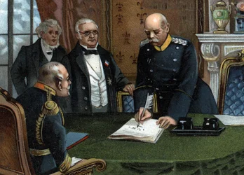 Tratado de paz preliminar de 26 de Fevereiro de 1871, assinado em Versalhes, fim da guerra franco-prussiana Entre o chefe do poder executivo da República, Adolphe Thiers, e o ministro dos Negócios Estrangeiros, Jules Favre, representantes da França,