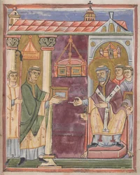 Sacerdote apresentando um livro [a Santo Agostinho?]