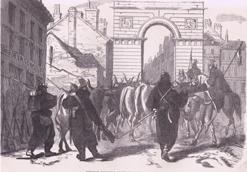 Prussian foraging troops bringing in cattle, Cassells History of the War between France and Germany publicado por Cassell and Company Limited, c.1890 (litho)