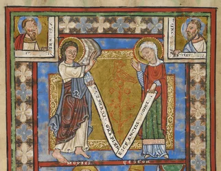 Psalter fragmento "Psalter de Henrique o Leão", f.7v, detalhe com Anunciação, c. 1168-89 (codex de pergaminho)