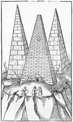 Pirâmides do Egito, ilustração de Cosmographie Universelle por Sebastien Munster (1488-1552) Basel, publicado em 1554