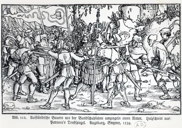 Camponeses rebeldes que cercam um cavaleiro, de uma ilustração a Trostspiegel por Petrarch, 1539