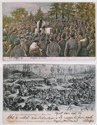 Serviços religiosos no campo de batalha, imagem superior mostrando soldados judeus alemães em oração durante a 1ª Guerra Mundial, abaixo de um serviço do Yom Kippur em Metz durante a guerra franco-prussiana de 1870 (colou
