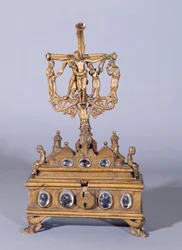 Reliquário ou chasse, estilo Escola Rhenish (bronze com cristais de pedra)