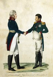 Reunião de Napoleão (1769-1821) e do Czar Alexandre I (1777-1825). (Reunião de Napoleão e Alexandre I). Trabalho anónimo, gravura e aguarela