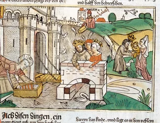 O resgate de Moisés, cena da Bíblia de Nuremberga escrita em alemão, ...
