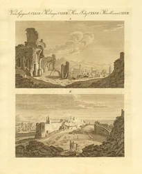 Ruínas da antiga cidade de Sagunto em Espanha (gravura colorida)