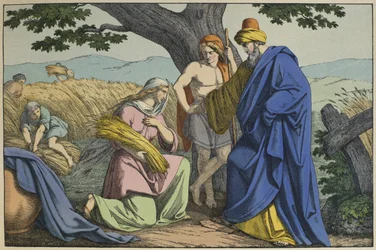 Ruth e Boaz, ilustração de LAncien Testament, publicado por Jakob Ferdinand Schreiber, Esslingen (gravura a cores)