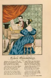 Cena mostrando um casal ao piano, com um poema de amor escrito por baixo, de Neuruppiner Bilderbogen, 1850