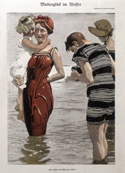 Banho de mar: uma mulher e sua filha em fato de banho - n.d.