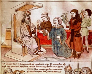 Sigismundo I de Luxemburgo (1368-1437), imperador do Santo Império, recebe o tributo dos povos submissos. Miniatura de "Chronicles of the Council of Constance" de Ulrich Richental (1360-1437) 1438 aproximadamente Praga, biblioteca nacional