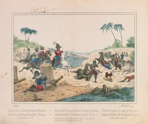 Escaramuça entre tropas do imperador Fuastin I do Haiti e da República Dominicana de Santo Domingo em abril de 1851, panfleto pictórico publicado por Fried. Schulz Verlag, Stuttgart, 1851