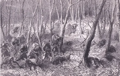 Skirmish in the woods outside Paris, Cassells History of the War between France and Germany publicado por Cassell and Company Limited, c.1890 (litho)
