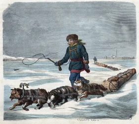 Cão de trenó na neve da América. Em "Wenn Jemand eine Reise thut, so kann erzahlen" (Quando alguém viaja, isto é o que ele pode dizer), conto alemão de Franz Wiedemann