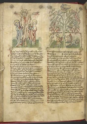 Sloane 361, f.26v Nabucodonosor vê uma árvore em sonho; a Crucificação, de 