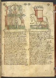 Sloane 361, f.27 O rei Codrus entrega-se para ser morto pelo seu povo, e Eleazar Maccabeus apunhalando o elefante e sendo esmagado por ele, de "Speculum Humanae Salvation" (tinta e cor no velino)