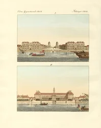 Estranhos edifícios em Inglaterra (gravura colorida)