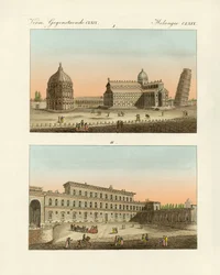 Estranhos edifícios em Itália (gravura colorida)