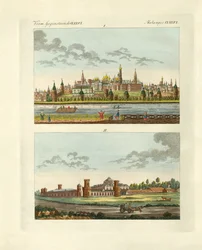 Estranhos edifícios na Rússia (gravura colorida)