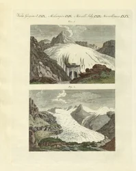 Estranhos glaciares como o nascimento de grandes rios (gravura colorida)