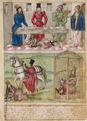 Sultan Bayezid (Bajazet) I (por volta de 1360-1389) é feito prisioneiro por Tamerlão (1336-1405) (ou Timur Lang, ""Timur o coxo") após a batalha de Ancara em 1402. Aquarela em pergaminho de um século XVI mestre alemão. Coleção privada