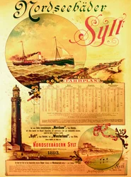 Banhos do mar do norte de Sylt, propaganda que anuncia a companhia do Steamship de Sylt, 1893