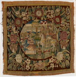 Almofada de tapeçaria representando David e Abigail, Samuel XXV, fabricada possivelmente em Hamburgo, Alemanha, c.1615 (lã)