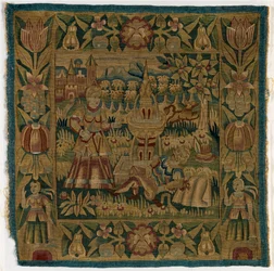 Almofada de tapeçaria representando Pyramus e Thisbe, fabricada em Hamburgo, Alemanha, c.1615 (lã)
