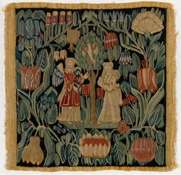 Almofada de tapeçaria representando a Anunciação, da Baixa Saxónia ou Dinamarca, depois de 1600 (lã)