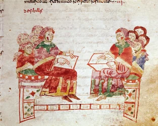 Cena de ensino numa escola em miniatura tirada do volume "de Gymnasium" em "De Universo" (ou De rerum naturis (De la Nature des choses)) (cod. 132) por Rabanus Maurus Magnentius (ou Raban Maur ou Rabano Mauro) (ca. 780-856). Século IX. Arquivo de