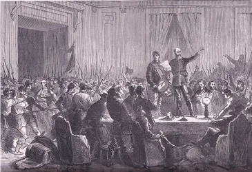 O 106.º Batalhão da Guarda Nacional liberta Trochu no Hôtel de Ville, História da Guerra entre a França e a Alemanha de Cassell, publicada por Cassell and Company Limited, c. 1890