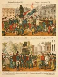 A Alsácia recruta em Estrasburgo (Kleberplatz) em 1869 e em Berlim (Under den Linden) em 1872, de Elsaesser Bilderbogen, publicado por A. Schneider, Estrasburgo, 1873