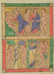 A Criação, Casamento, Tentação e Expulsão de Adão e Eva, 1200 (wc em velino)