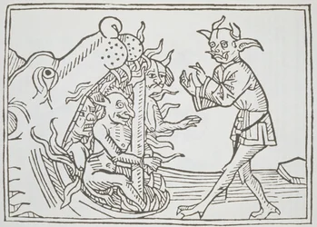 O diabo Belial antes dos portões do inferno, de Das Buch Belial, publicado em Augsburg, 1473