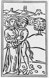 O Diabo apaixonado pela bruxa (O Beijo do Diabo) - gravura de 1489 em «De lamiis et pythonicis mulieribus», de Ulrich Molitor